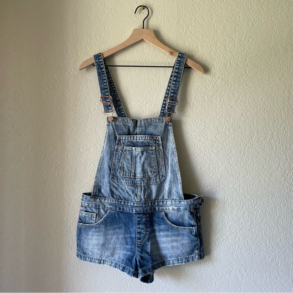 Zara Trafaluc Denim Collection Short Overalls Romper Blue Jean Women's Size S - Picture 3 of 11